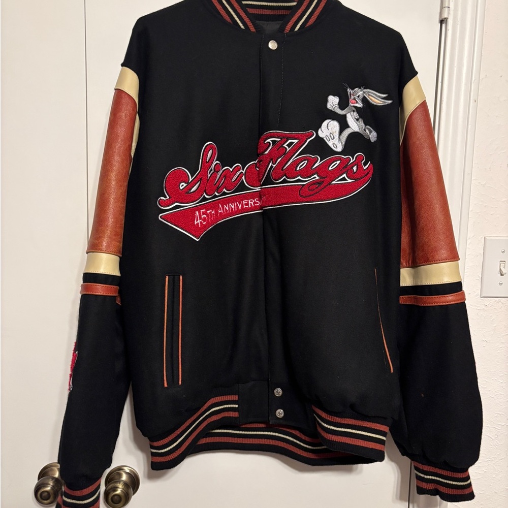 Six Flags 45th Anniversary Black and Brown Bomber Jacket